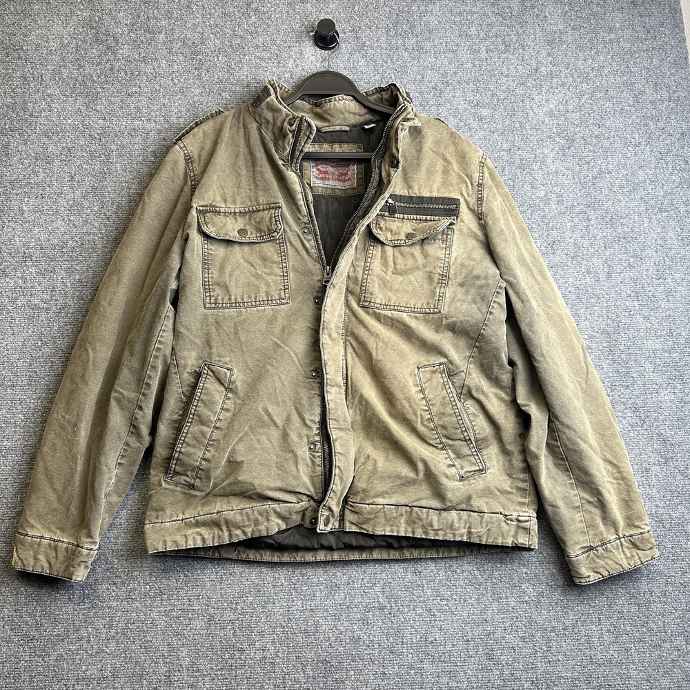 Levis Jacket Mens L‎ Green Canvas Military Field Quilted Lined Zip Pockets